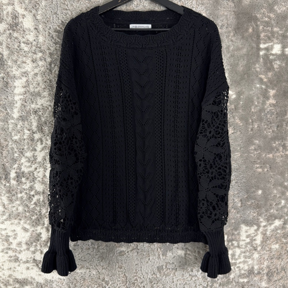Miss‎ Sparkling Size L Crochet Lace Sleeve Boho Knit Sweater Black Long Sleeve